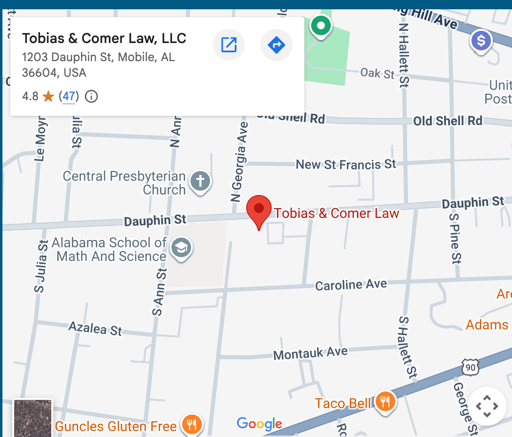 Map showing Tobias & Comer Law at 1203 Dauphin Street in Mobile, Alabama